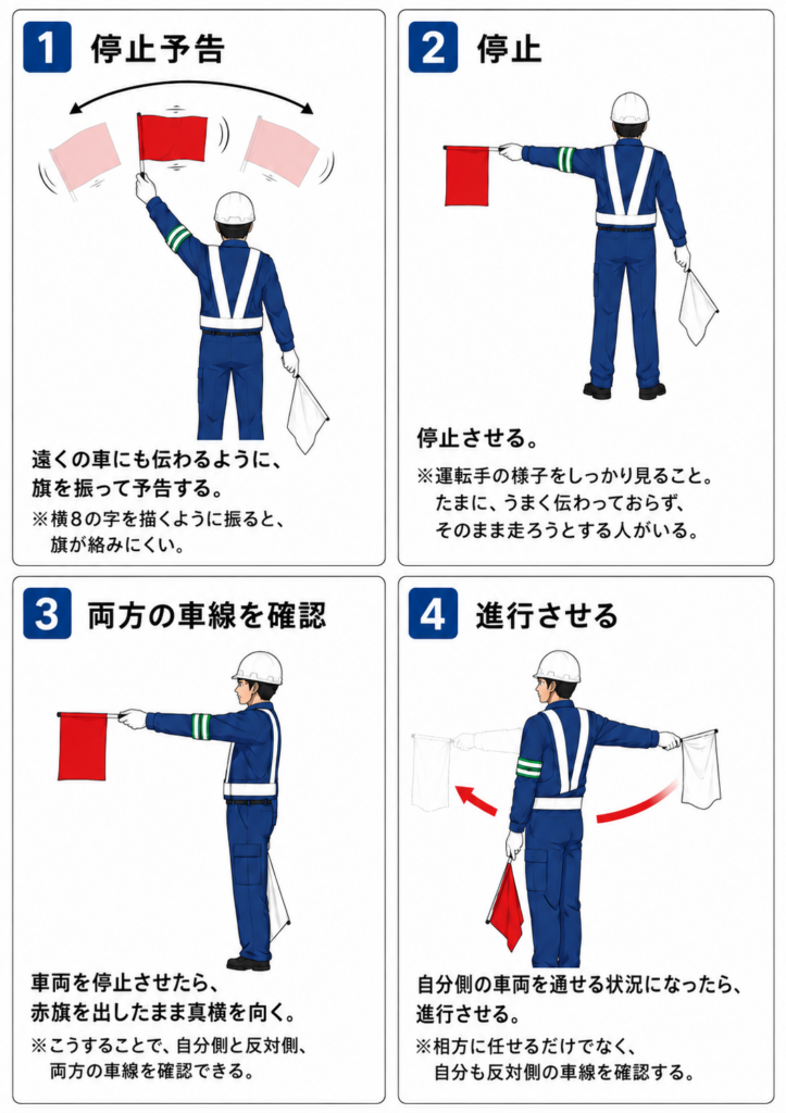 交通誘導の停止合図の基本動作を示した図解