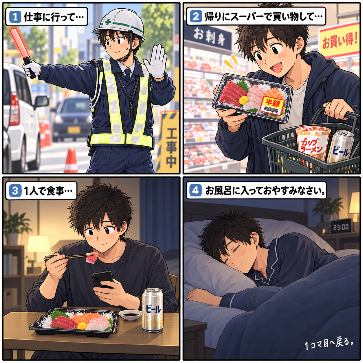 警備員の仕事から帰り、一人で食事をして眠る生活を描いた4コマ漫画