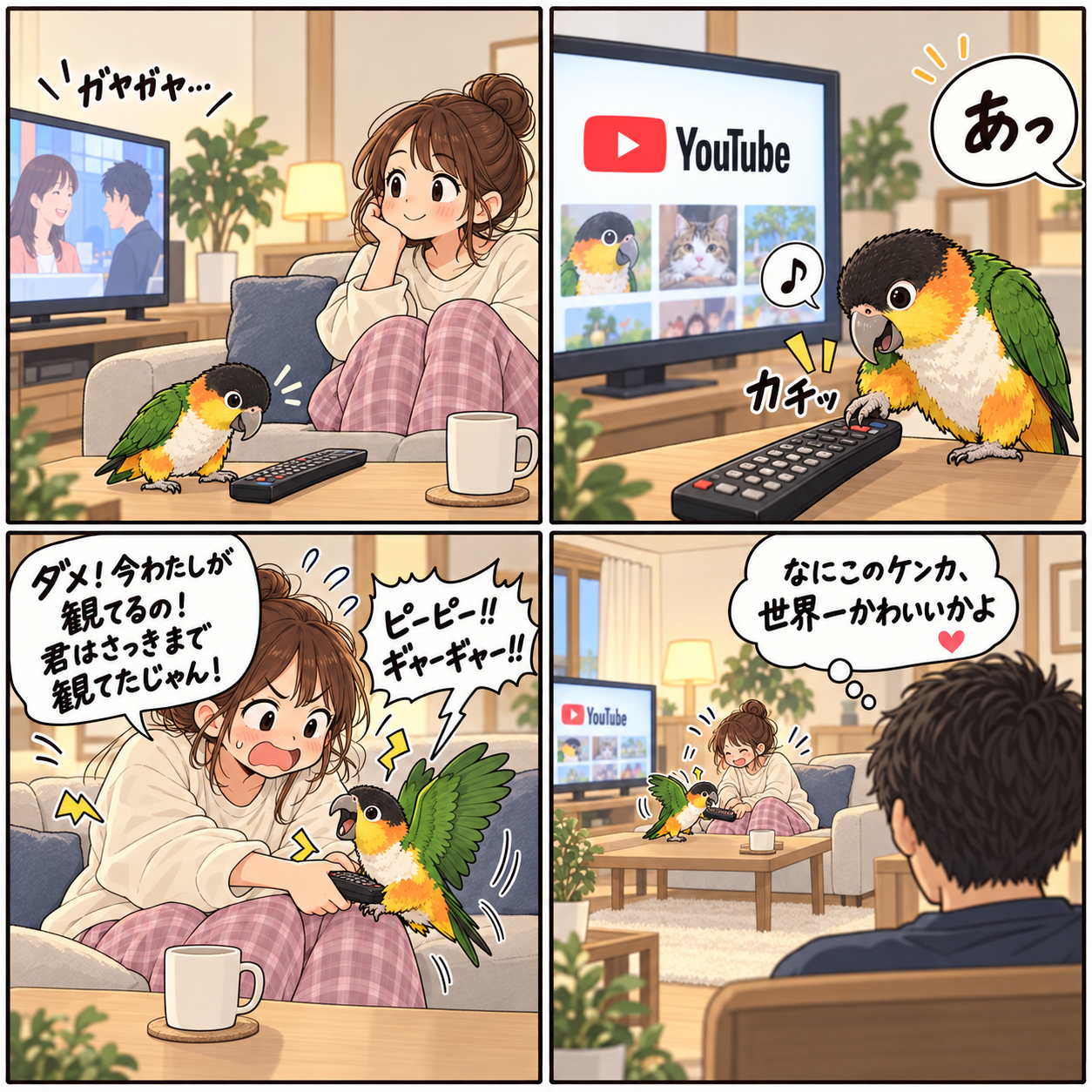 妻とズグロシロハラインコと自宅で過ごす結婚後の日常を描いた4コマ漫画